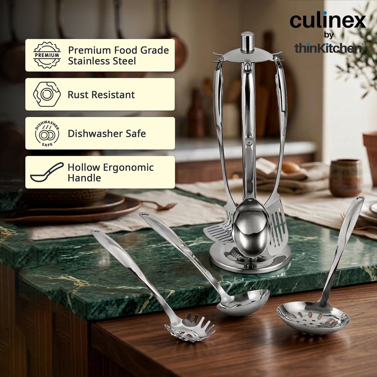 Culinex 18/8 Stainless Steel Premium Cooking Kitchen Tool set of 7 with Stand | Silver, Rustproof Food Grade Tool Set By thinKitchen