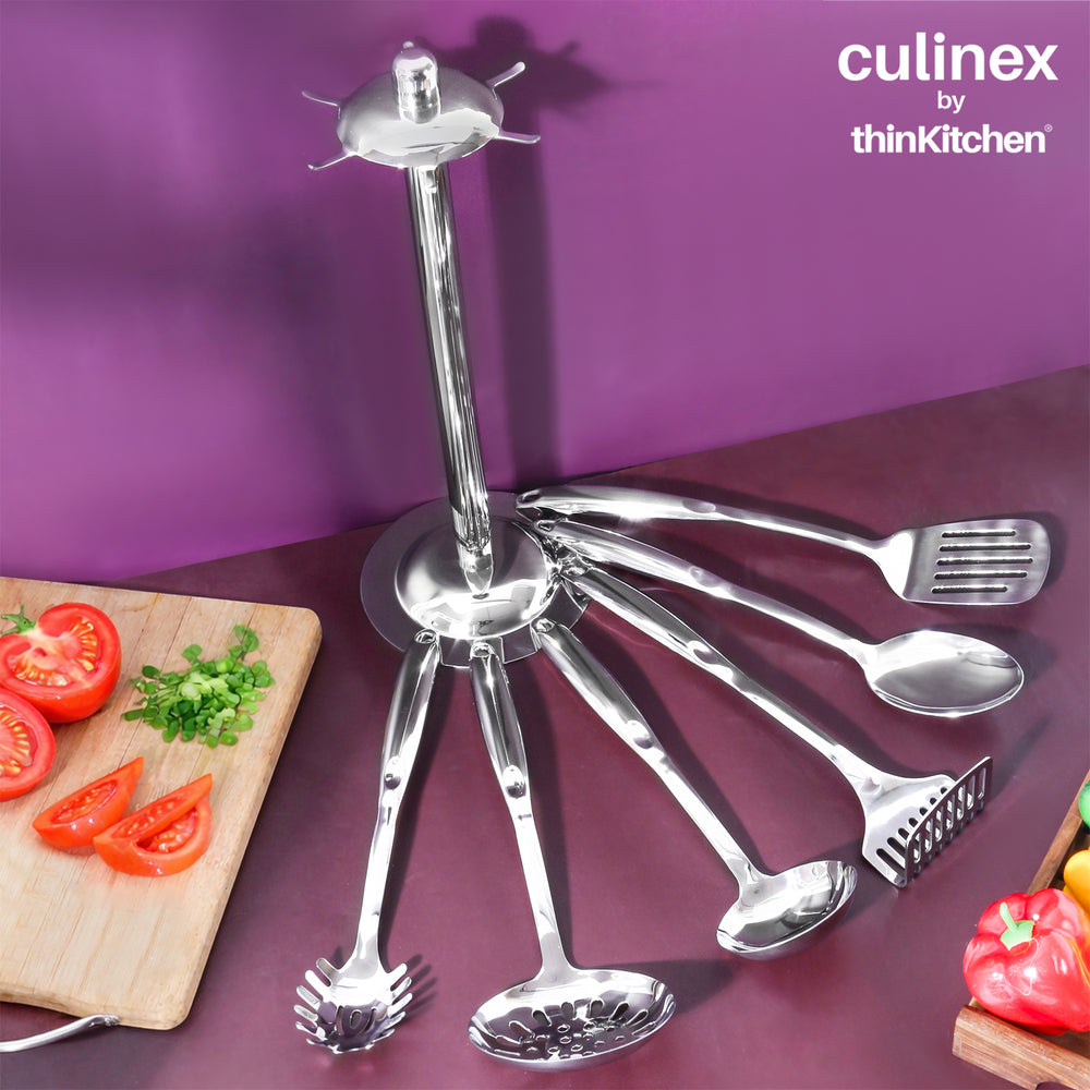 Culinex 18/8 Stainless Steel Premium Cooking Kitchen Tool set of 7 with Stand | Silver, Rustproof Food Grade Tool Set By thinKitchen