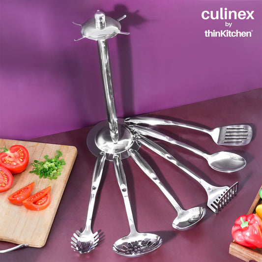 18/8 Premium Stainless Steel Cooking Kitchen Tool set of 7 with Stand | Silver, Rustproof Food Grade Tool Set By thinKitchen