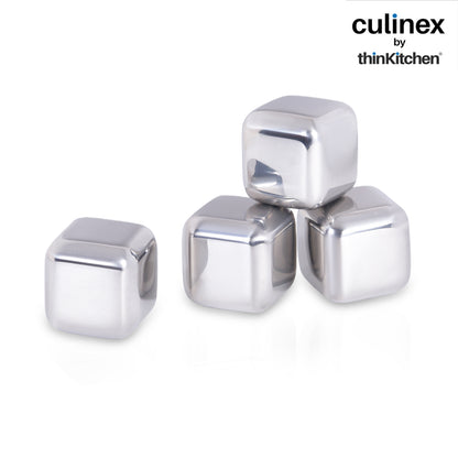 Culinex  Stainless Steel Reusable Premium Chilling Ice Cube Stones Set of 4 for Cocktails, Mocktails, Whisky, Juices | By thinKitchen