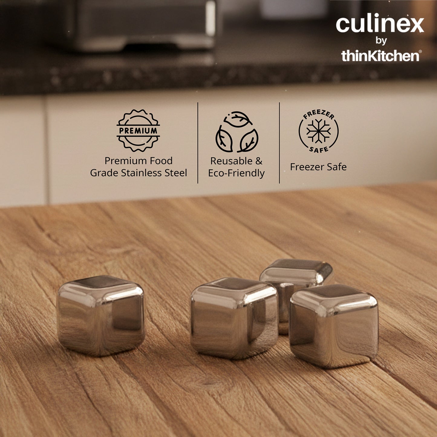 Culinex  Stainless Steel Reusable Premium Chilling Ice Cube Stones Set of 4 for Cocktails, Mocktails, Whisky, Juices | By thinKitchen