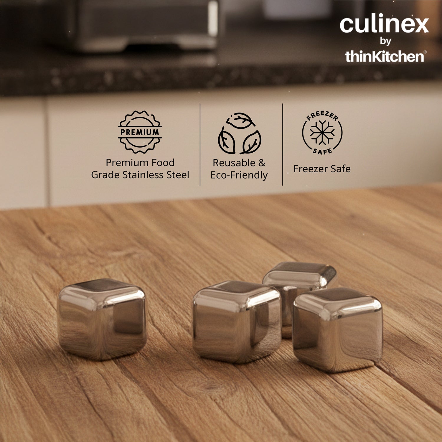 Culinex  Stainless Steel Reusable Premium Chilling Ice Cube Stones Set of 4 for Cocktails, Mocktails, Whisky, Juices | By thinKitchen - 4