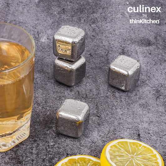 Premium Stainless Steel Reusable Chilling Ice Cube Stones Set of 4 for Cocktails, Mocktails, Whisky, Juices | By thinKitchen