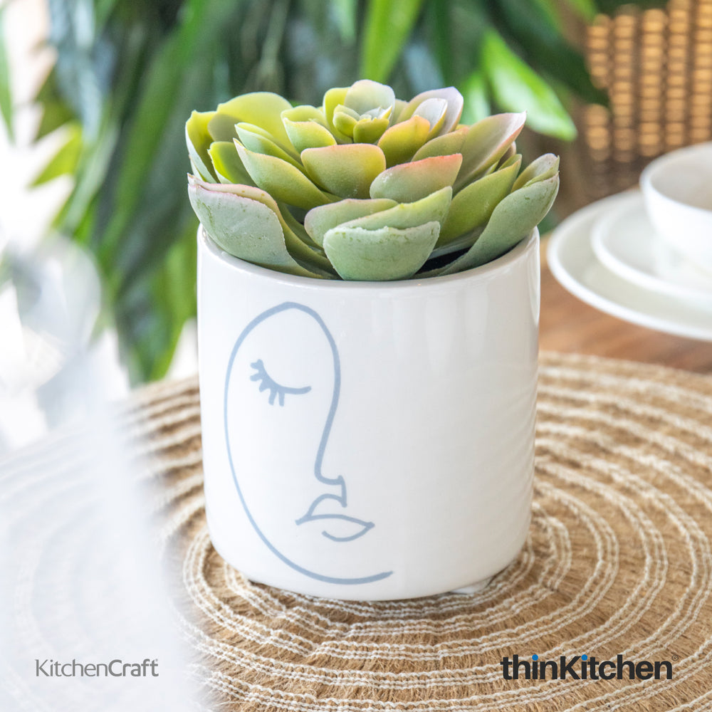 KitchenCraft 3.9" Premium Ceramic Legged Planter Pot for Indoor Plants, Desk & Home Décor, Gifting - Abstract Face