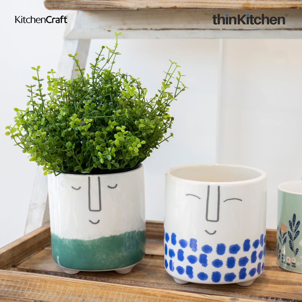 KitchenCraft 3.9" Premium Ceramic Legged Planter for Indoor Plants, Desk & Home Décor, Stationery Holder - Blue Smiley