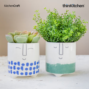 KitchenCraft Ceramic Plant Pot with Blue Happy Face Design