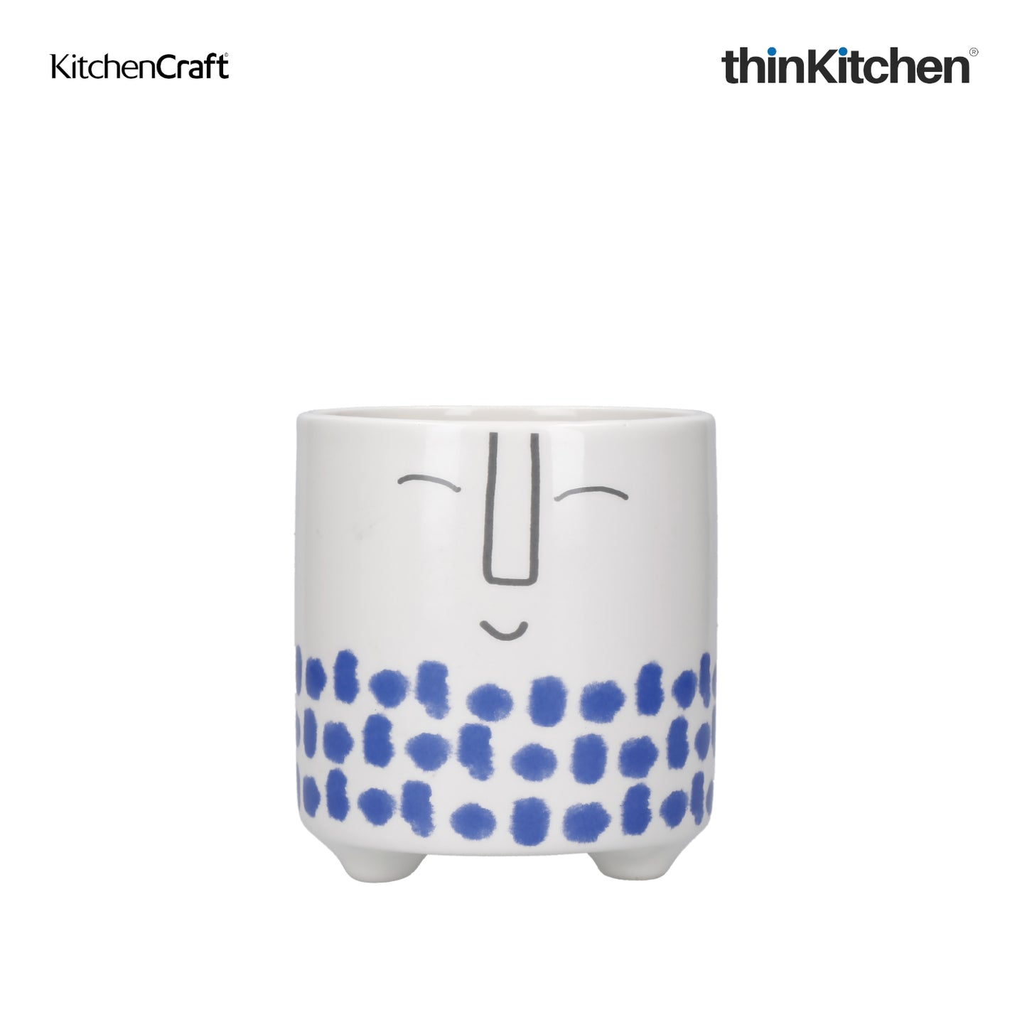 Kitchencraft Ceramic Plant Pot With Blue Happy Face Design