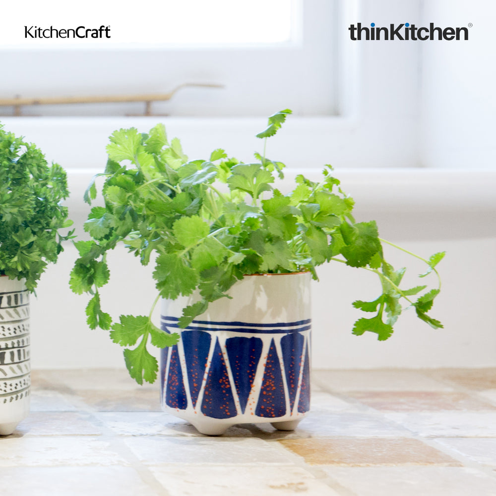KitchenCraft 3.9" Premium Ceramic Legged Planter Pot for Indoor Plants, Desk & Home Décor, Gifting - Blue Geo Print