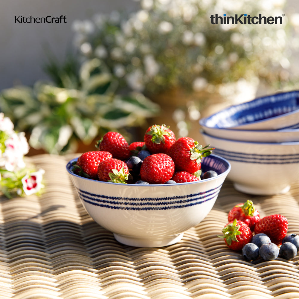KitchenCraft 6.3" Premium Stoneware 240ml Serving Bowl for Soup, Cereal, Noodles & Snacks - Blue & White
