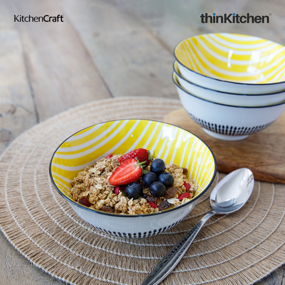KitchenCraft 6.3" Premium Stoneware 240ml Serving Bowl for Soup, Cereal, Noodles & Snacks - Yellow Moroccan Stripe