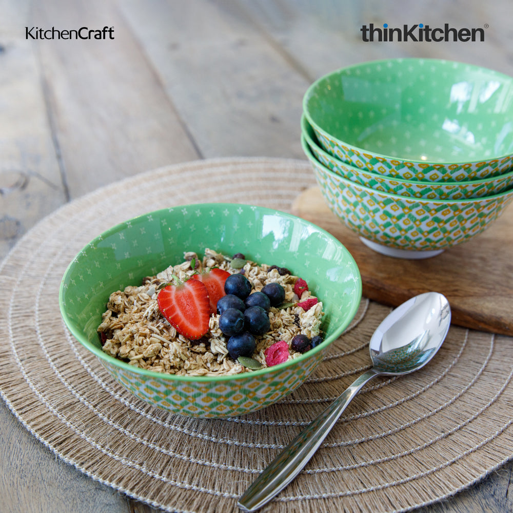 KitchenCraft 6.3" Premium Stoneware 240ml Serving Bowl for Soup, Cereal, Noodles & Snacks - Green Geometric