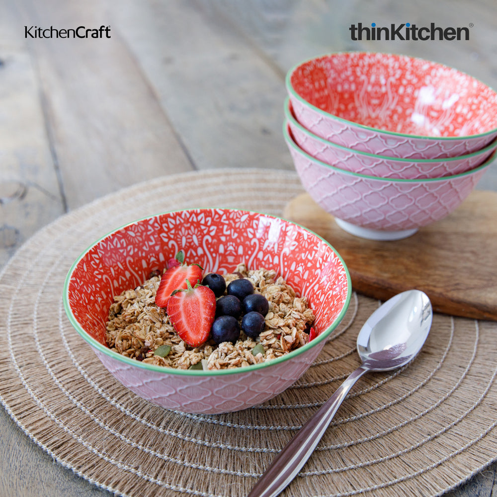 KitchenCraft 6.3" Premium Stoneware 240ml Serving Bowl for Soup, Cereal, Noodles & Snacks - Red & Pink
