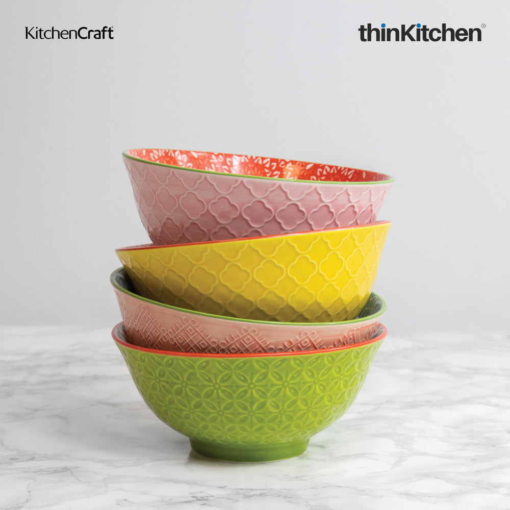 KitchenCraft 4 x 7.9" Premium Patterned Set, 700ml Ceramic Bowls for Soup, Dessert & Snacks - Brights Series