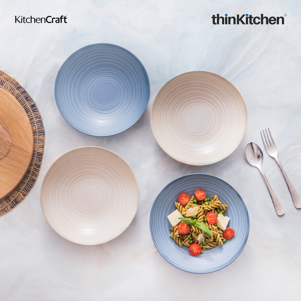 KitchenCraft 4 x 9.4" Premium Stoneware Set Coupe Bowls for Curry, Rice, Pasta & Soup - Blue & Cream
