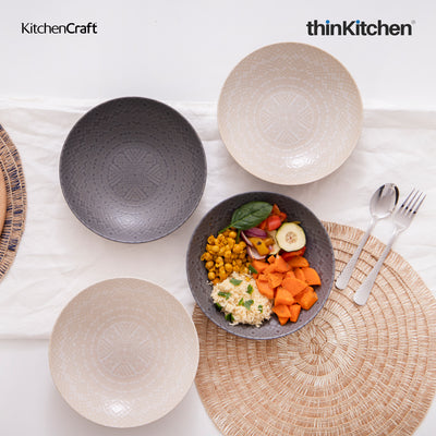 Premium Set of 4 Grey Embossed Stoneware Coupe Bowls, 22cm