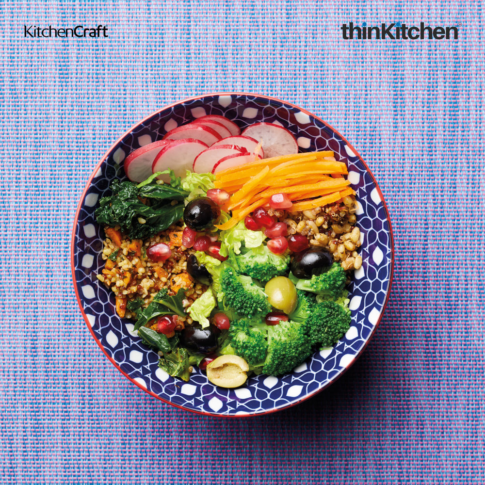 KitchenCraft 6.3" Premium Stoneware 240ml Serving Bowl for Soup, Cereal, Noodles & Snacks - Geometric Print