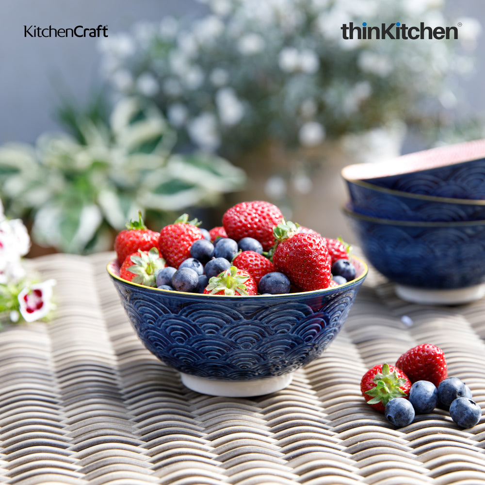 KitchenCraft 6.3" Premium Stoneware 240ml Serving Bowl for Soup, Cereal, Noodles & Snacks - Blue Arched Print