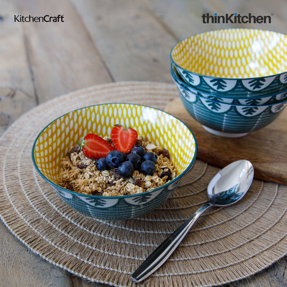 KitchenCraft 6.3" Premium Stoneware 240ml Serving Bowl for Soup, Cereal, Noodles & Snacks - Leafy Green Print