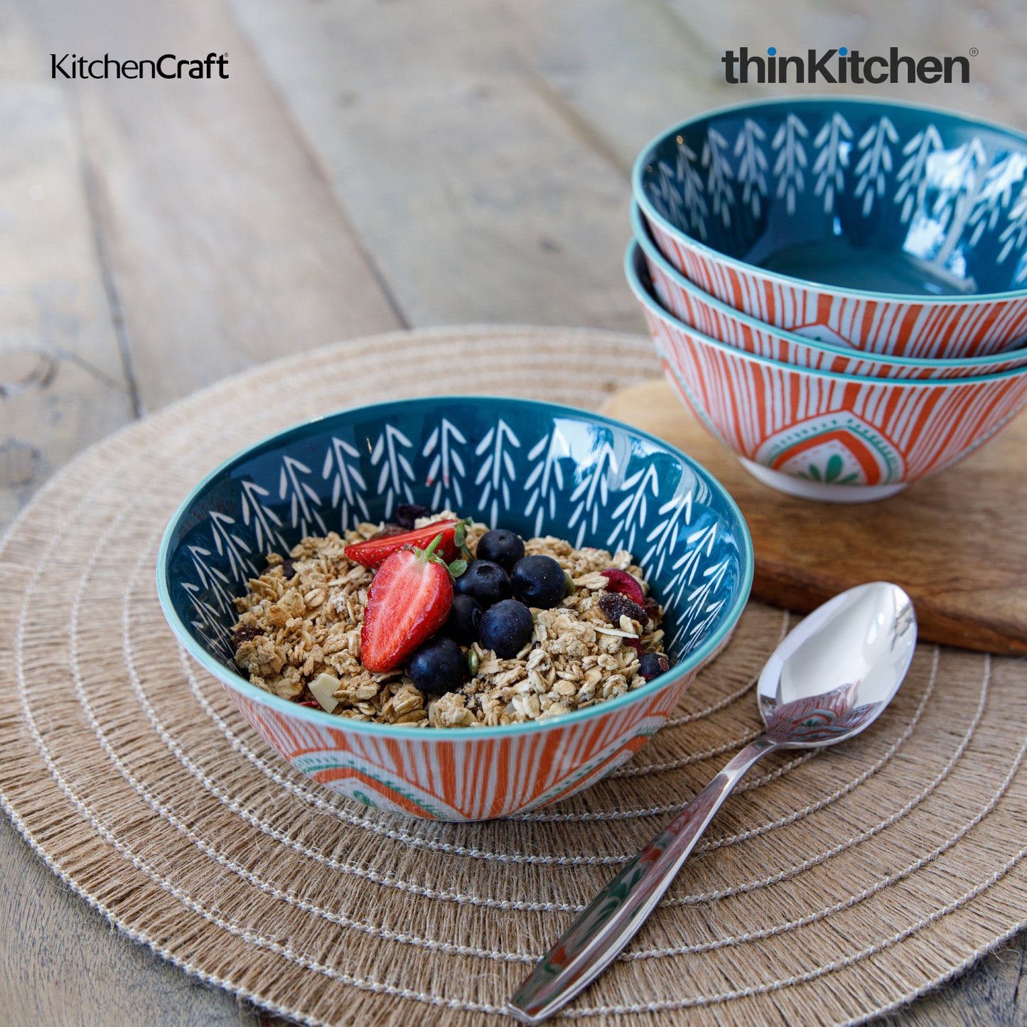 KitchenCraft Colourful Folk Pattern Ceramic Bowls, 480ml