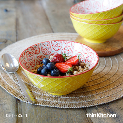 Kitchencraft Glazed Stoneware Bright Yellow Floral Bowl