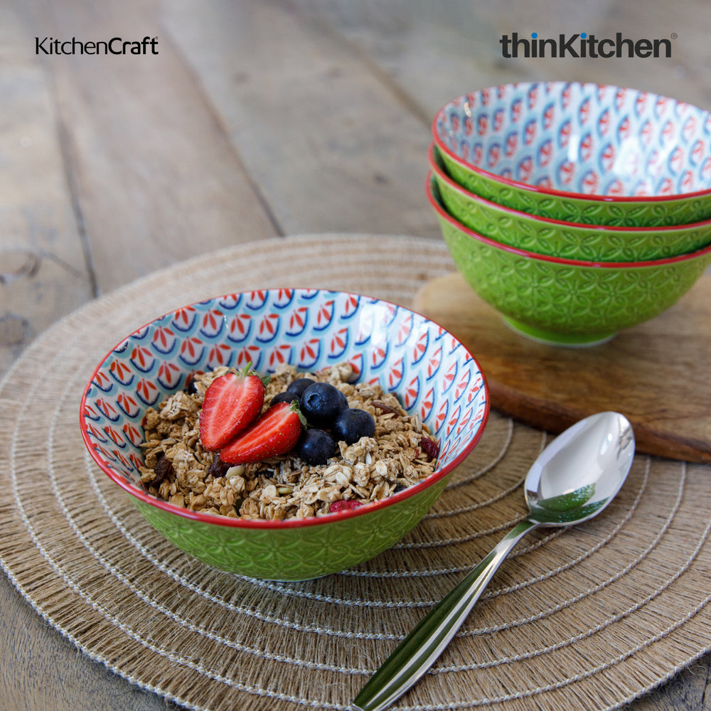 KitchenCraft 6.3" Premium Stoneware 240ml Serving Bowl for Soup, Cereal, Noodles & Snacks - Geometric Lime