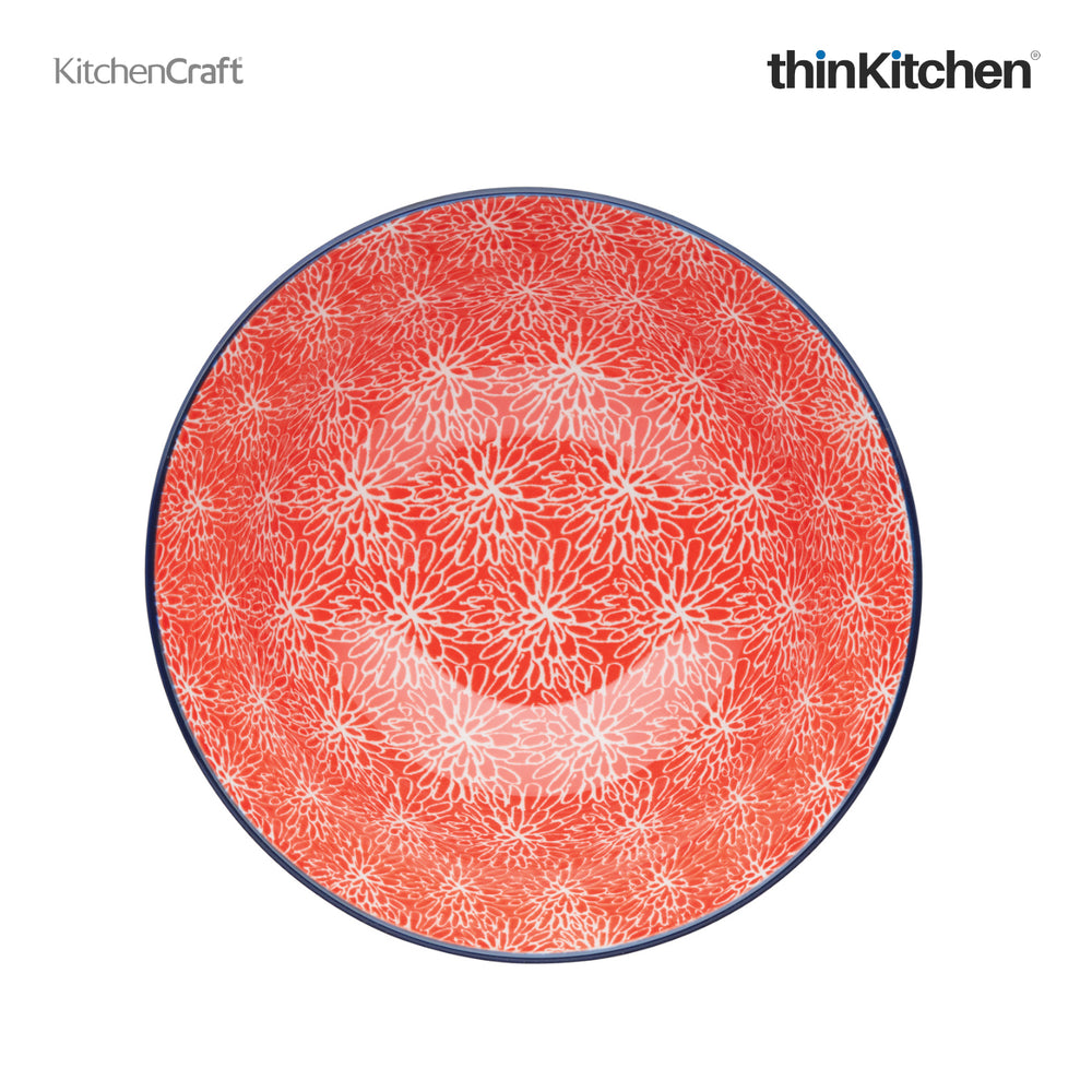 KitchenCraft 6.3" Premium Stoneware 240ml Serving Bowl for Soup, Cereal, Noodles & Snacks  - Red Floral Design