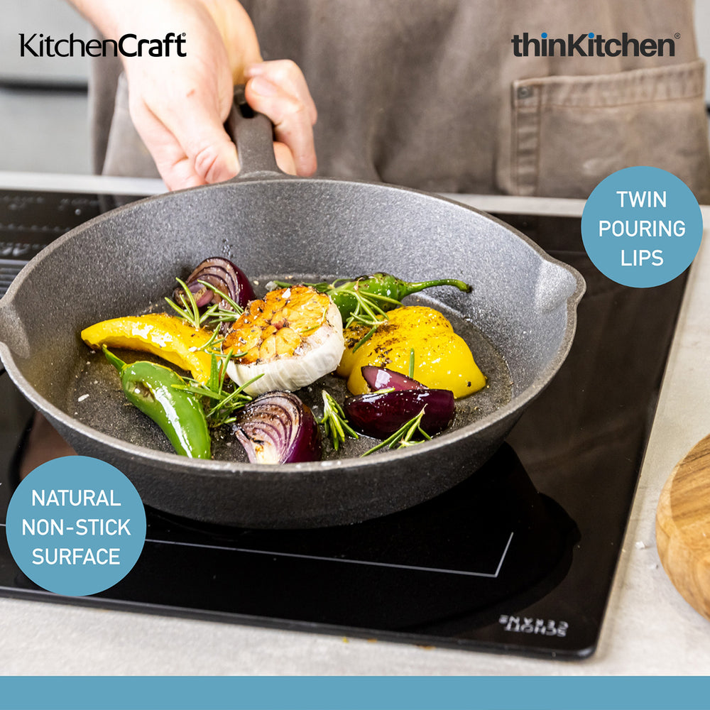 KitchenCraft 10.2" Premium Cast Iron Griddle Pan for Sauteing, Grilling, Induction, Oven & BBQ