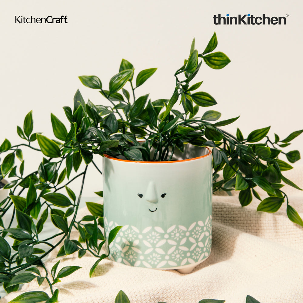KitchenCraft 4.3" Premium Ceramic Legged Planter Pot for Indoor Plants, Desk & Home Décor, Gifting - Floral Face