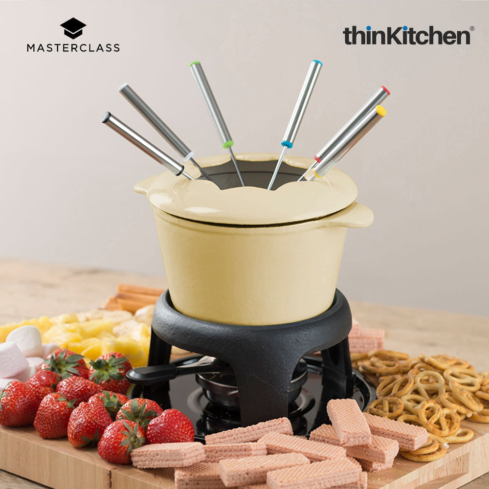MasterClass Premium Cast Iron Enamelled Fondue Set for Cheese, Chocolate & Meat Fondue, Cream | Premium Quality