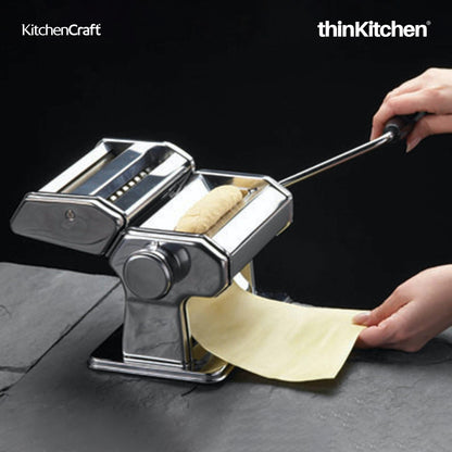 Kitchencraft World Of Flavours Italian Deluxe Double Cutter Pasta Machine | Stainless Steel | Manual Pasta Machine