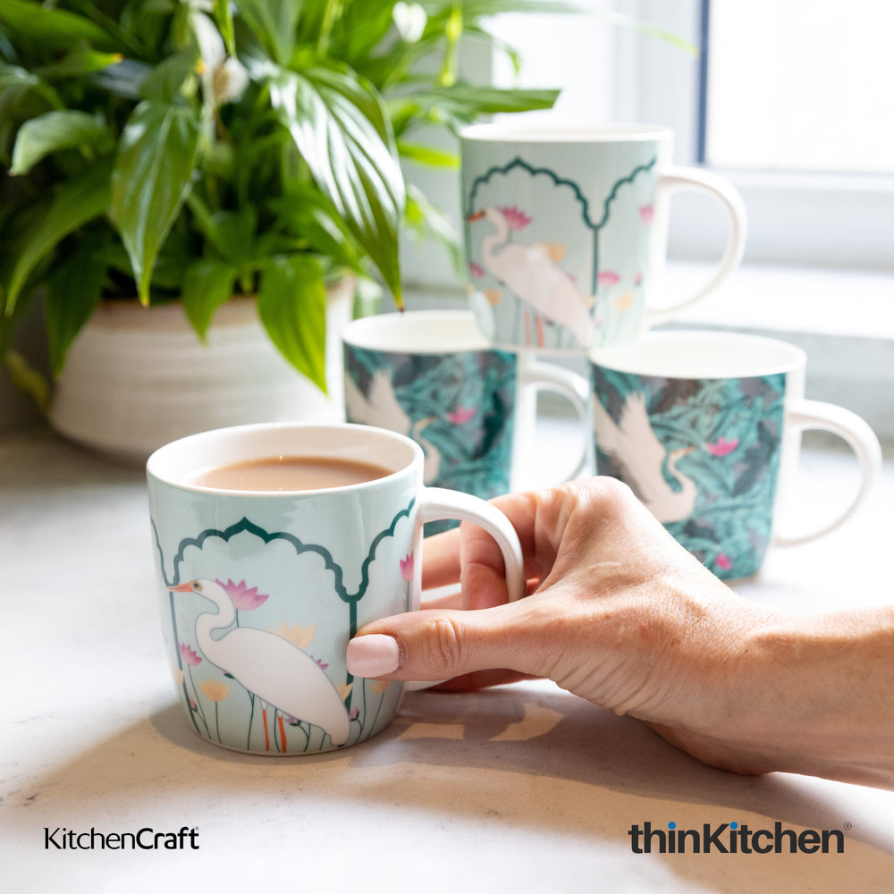 KitchenCraft 425ml Ceramic Coffee Mugs, Set of 4 - Bird Print Design