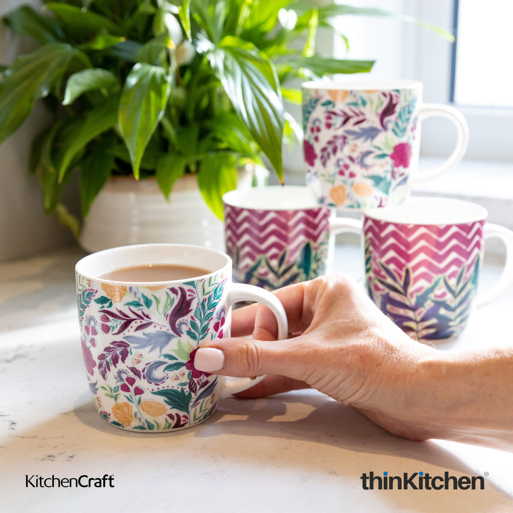 KitchenCraft 4 x 425ml Floral & Chevron Design Premium Ceramic Coffee Mugs