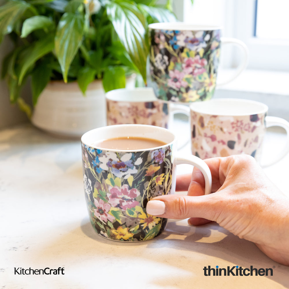 KitchenCraft 4 x 425ml Terrazzo Floral Design Premium Ceramic Coffee Mugs