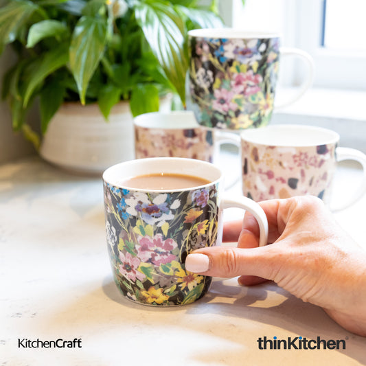 KitchenCraft Set of 4 Terrazzo Floral Stoneware Coffee Mugs, 425ml each