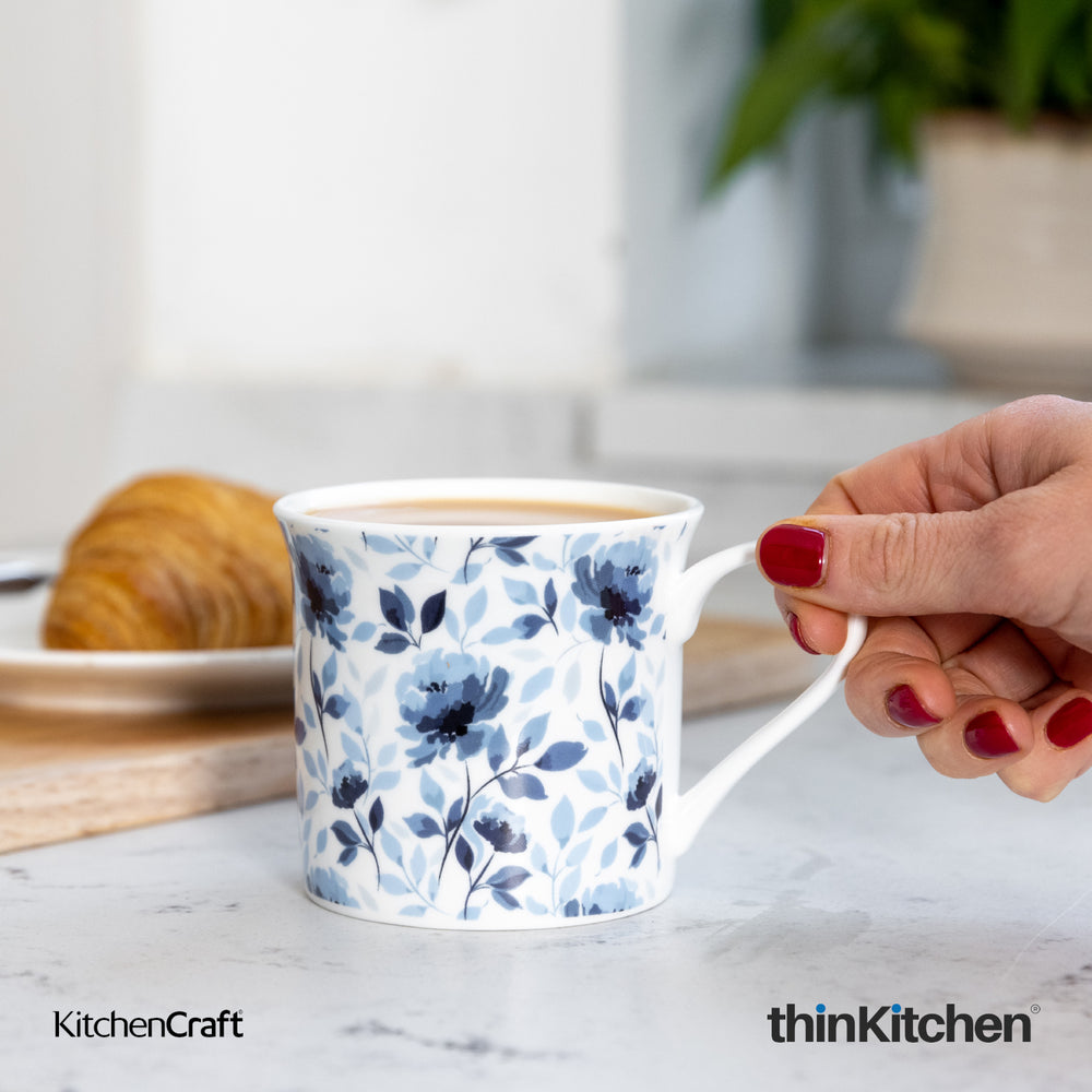 KitchenCraft 300ml Premium Bone China Tea & Coffee Mug - Blue Floral Design