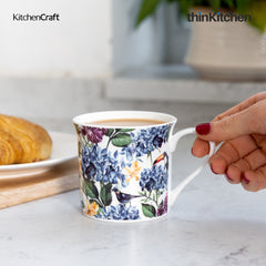 KitchenCraft Fine Bone China 300ml Fluted Mug, Country Floral, Labelled