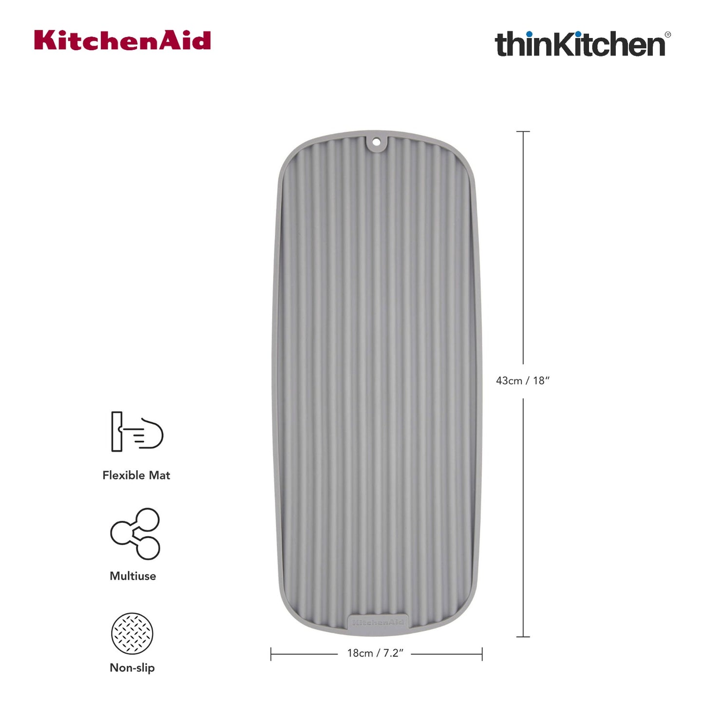 KitchenAid Slim Dish Drying Mat for Kitchen Counter, Grey, 43 x 18cm