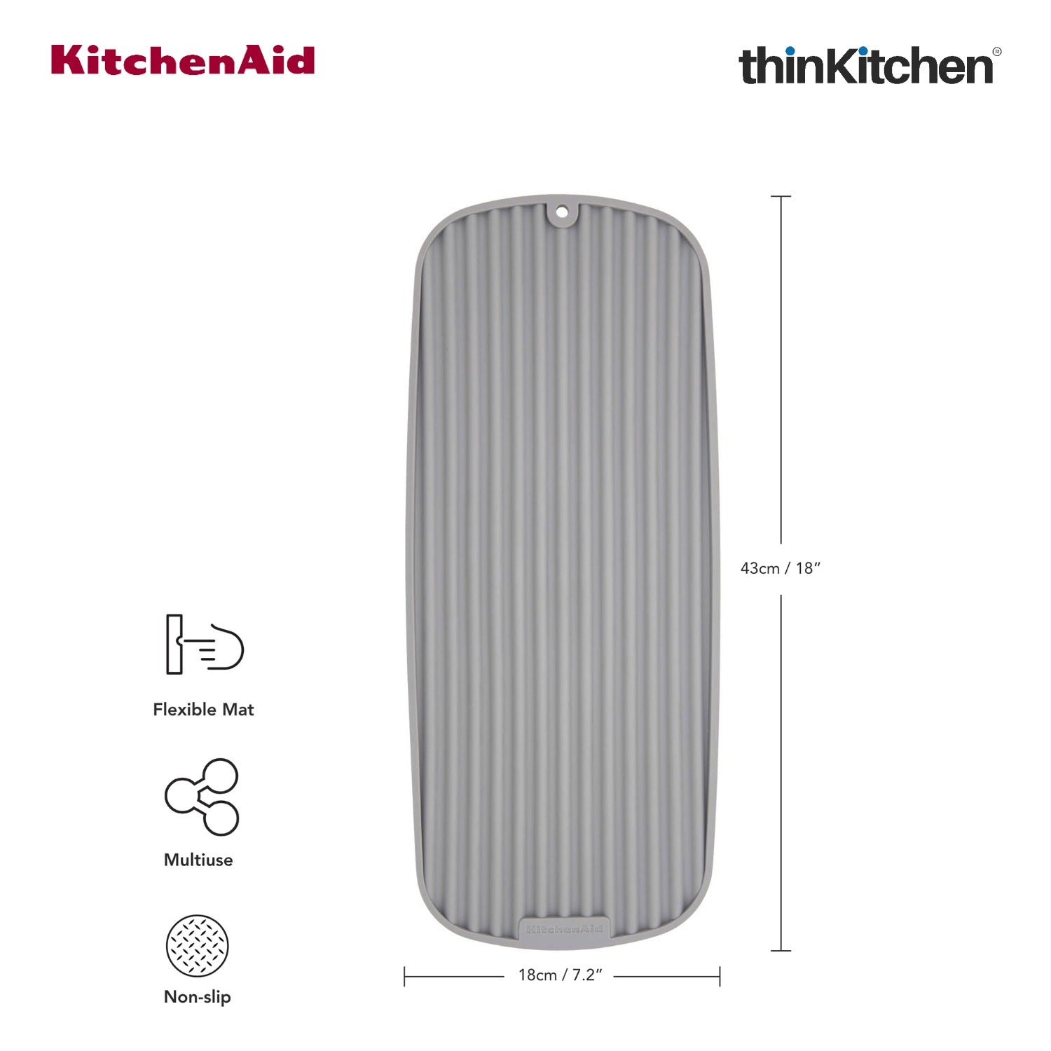 KitchenAid Slim Dish Drying Mat for Kitchen Counter, Grey, 43 x 18cm - 7
