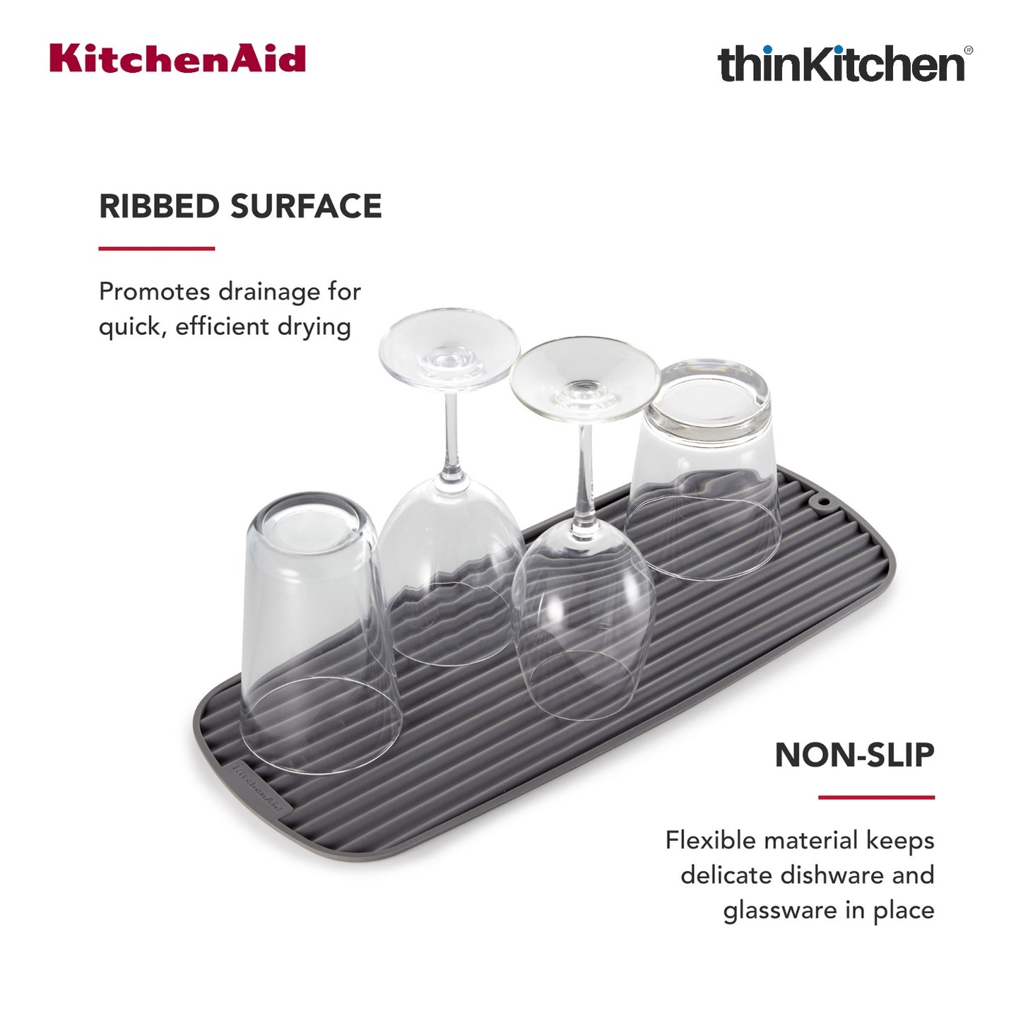 KitchenAid Slim Dish Drying Mat for Kitchen Counter, Grey, 43 x 18cm