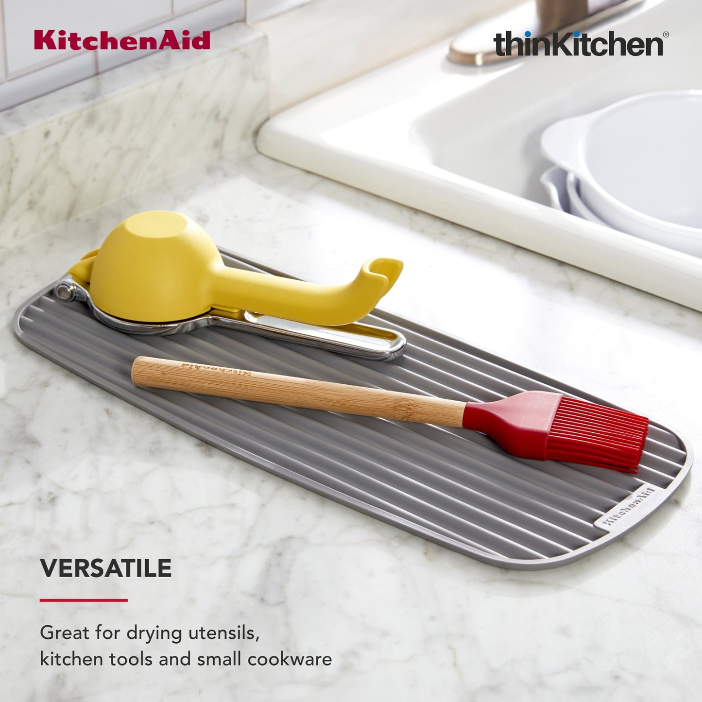 KitchenAid Slim Dish Drying Mat for Kitchen Counter, Grey, 43 x 18cm