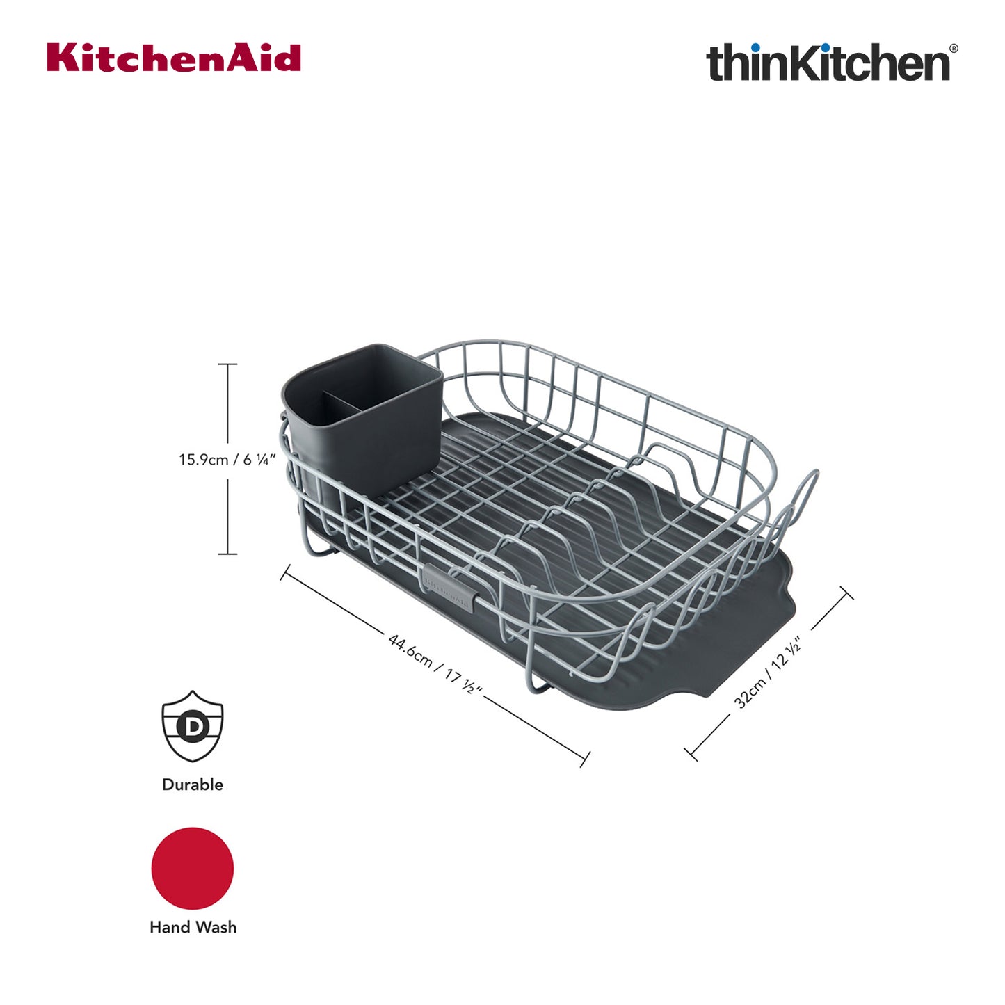 KitchenAid Low Profile Stainless Steel Dish Drying Rack - Grey | 44.6 x 32 x 15.9 cms