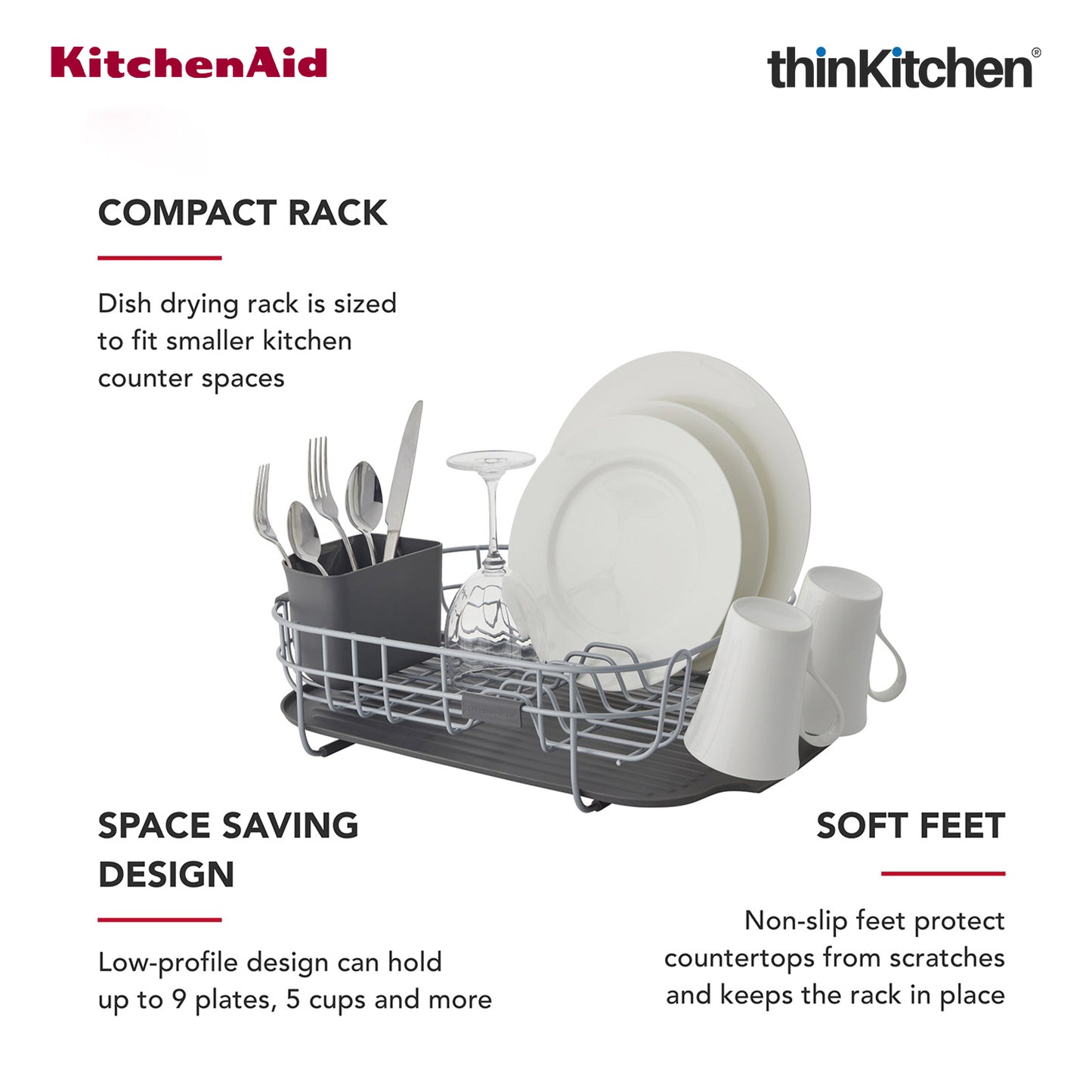 KitchenAid Low Profile Stainless Steel Dish Drying Rack - Grey | 44.6 x 32 x 15.9 cms