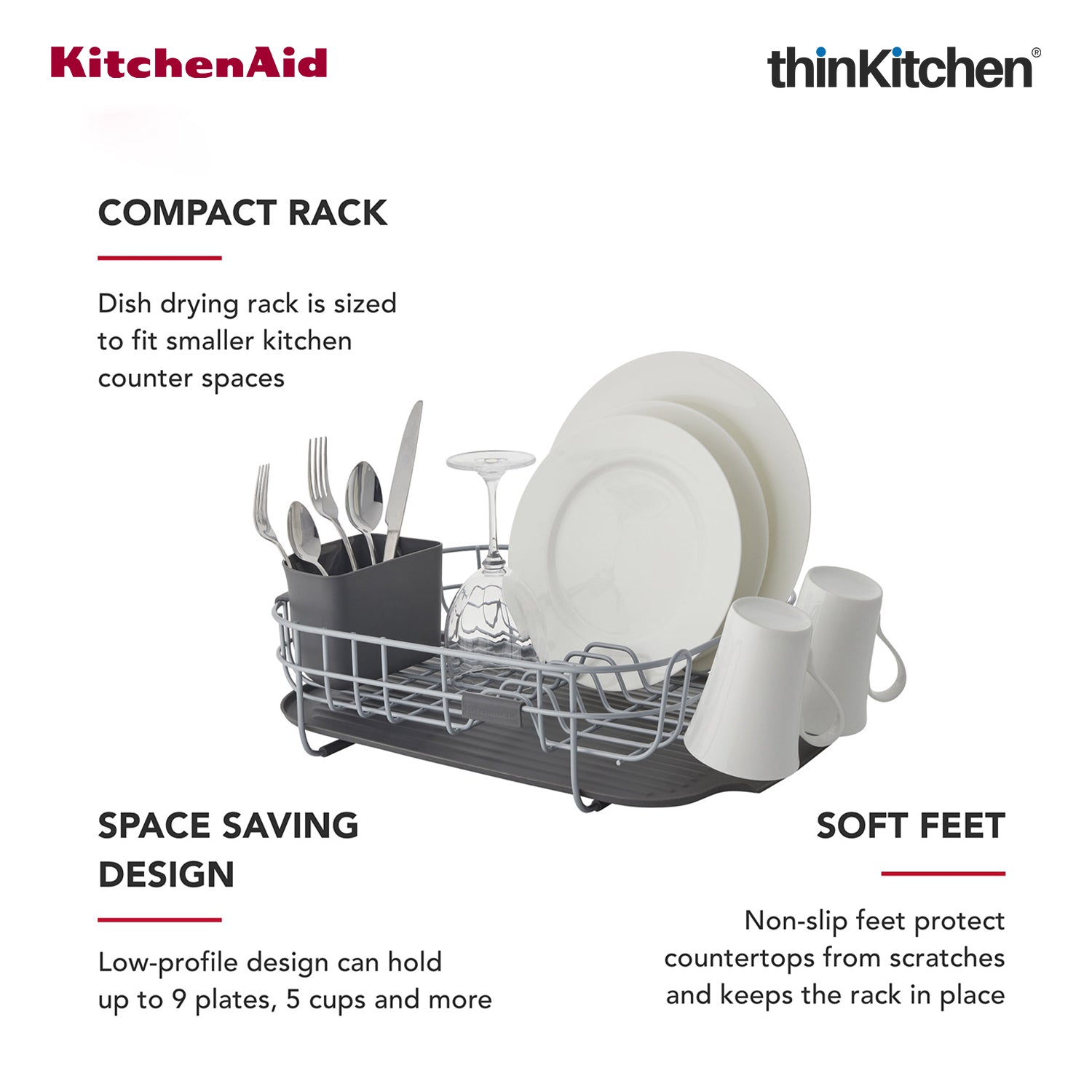 KitchenAid Low Profile Stainless Steel Dish Drying Rack - Grey | 44.6 x 32 x 15.9 cms - 7