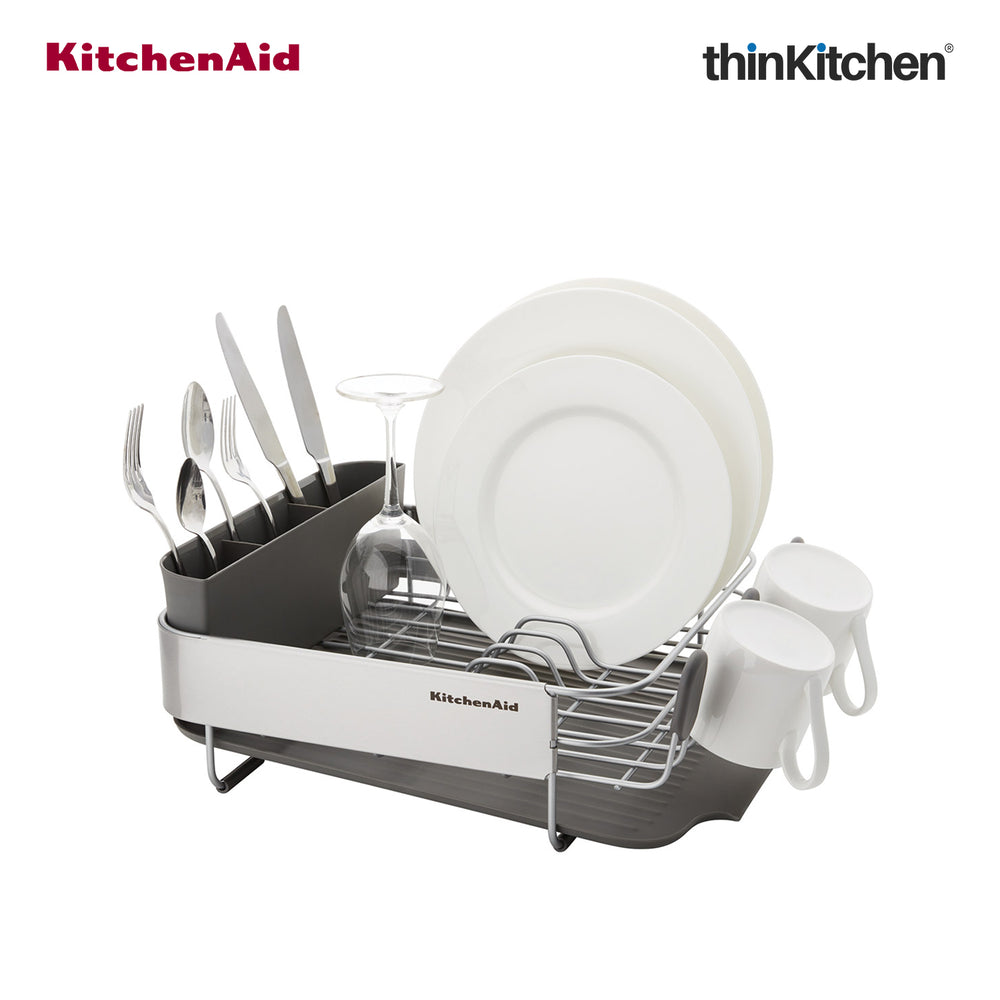 KitchenAid Space-Saving Metal & Plastic Dish Drainer with Cutlery Caddy - (40.8 x 32 x 15 cms)