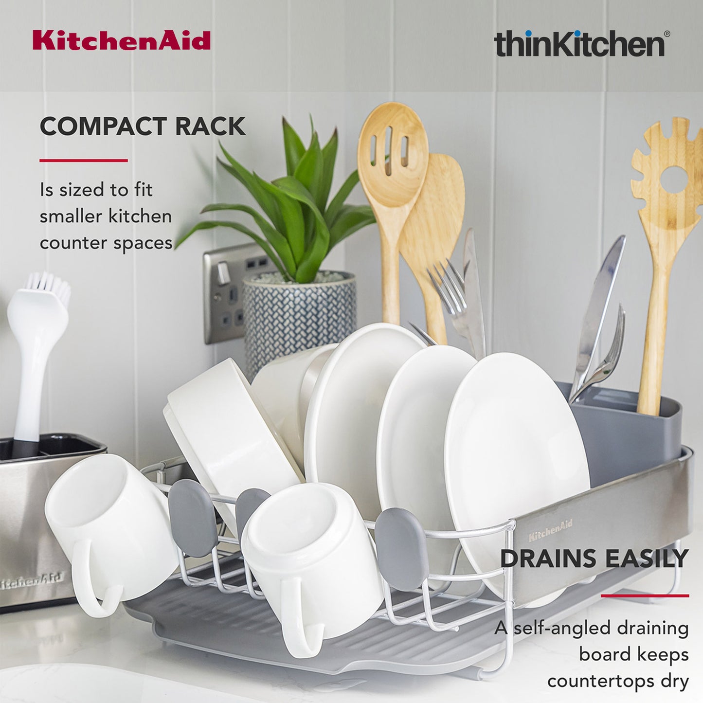 KitchenAid Space-Saving Metal & Plastic Dish Drainer with Cutlery Caddy - (40.8 x 32 x 15 cms)