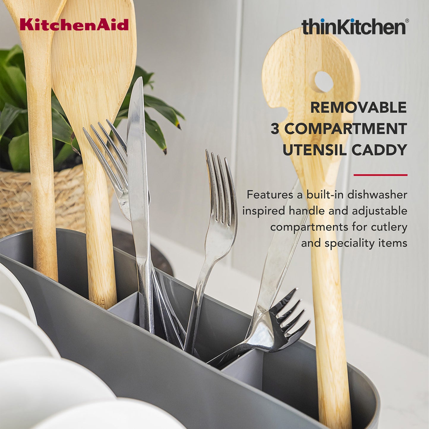 KitchenAid Space-Saving Metal & Plastic Dish Drainer with Cutlery Caddy - (40.8 x 32 x 15 cms)