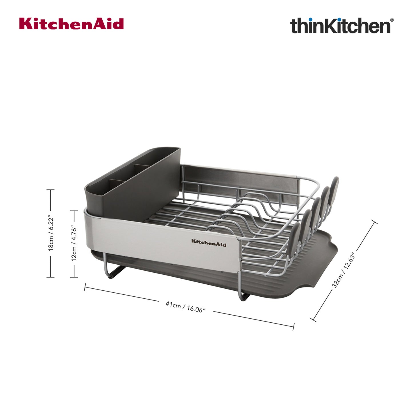 KitchenAid Space-Saving Metal & Plastic Dish Drainer with Cutlery Caddy - (40.8 x 32 x 15 cms)