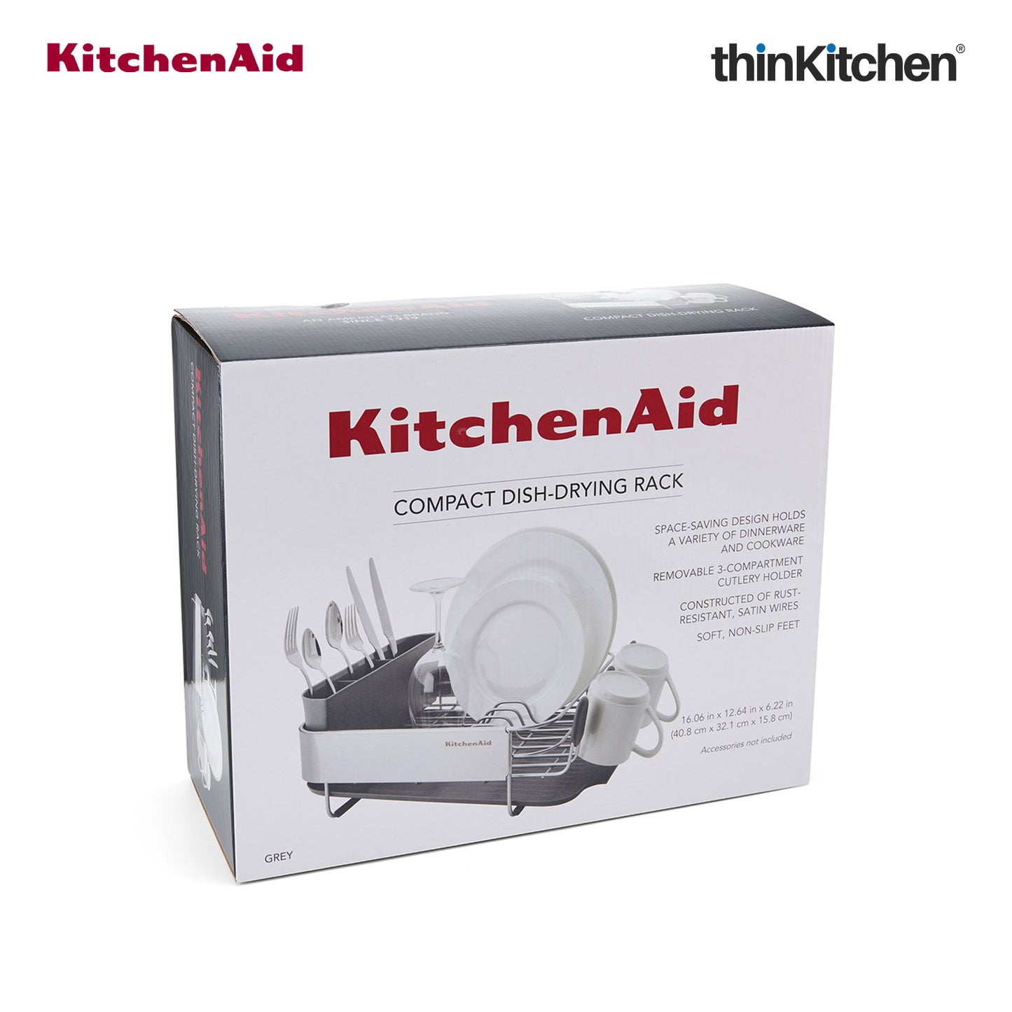 KitchenAid Space-Saving Metal & Plastic Dish Drainer with Cutlery Caddy - (40.8 x 32 x 15 cms)