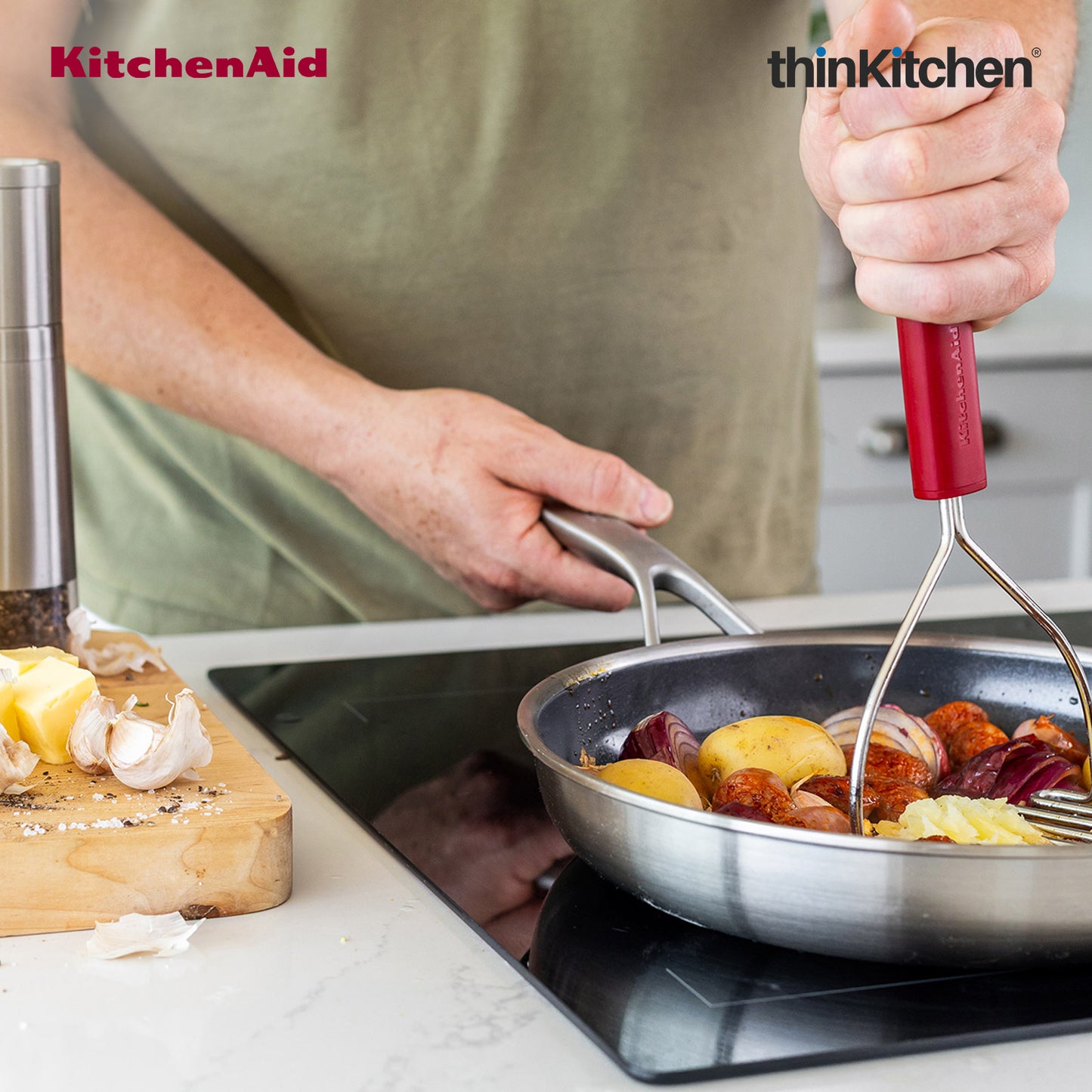 KitchenAid Stainless Steel Masher - Empire Red, 25.5cms | Rust Resistant and Dishwasher Safe
