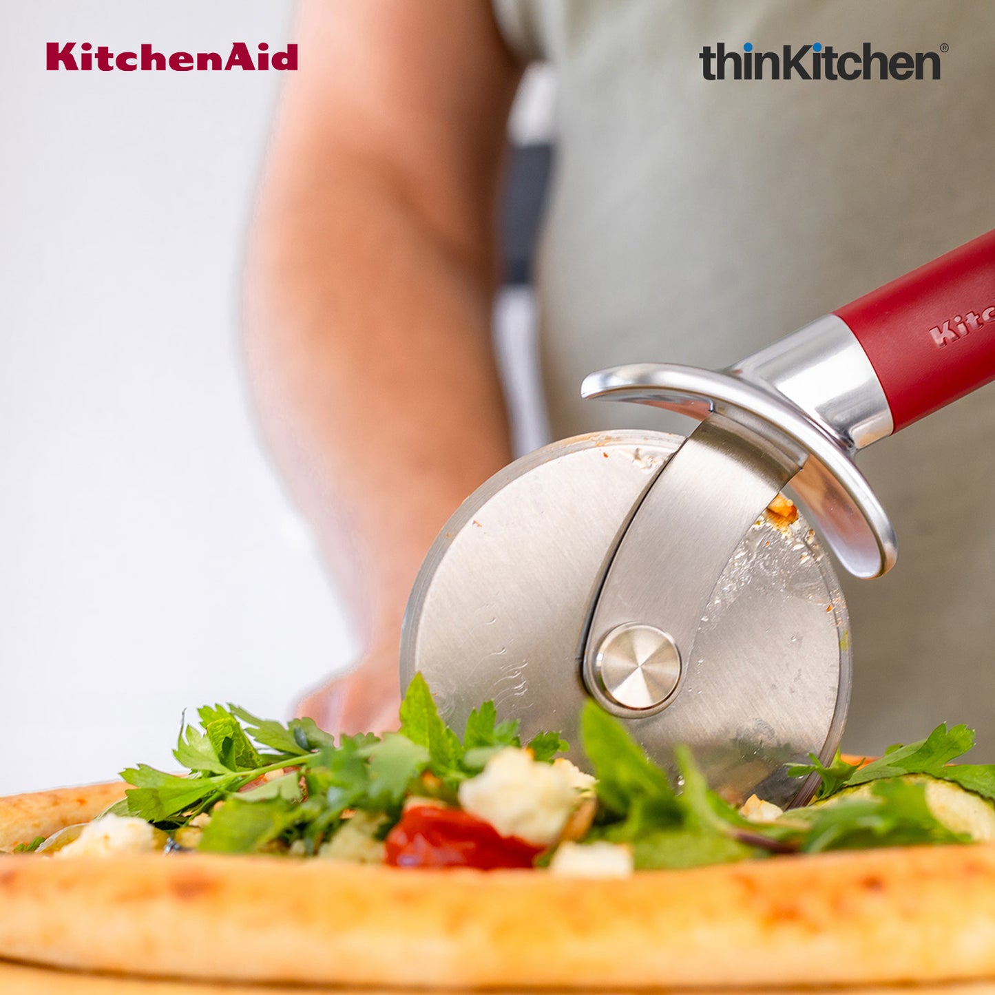 KitchenAid Stainless Steel Pizza Cutter with Finger Guard - Empire Red, 23.5cms